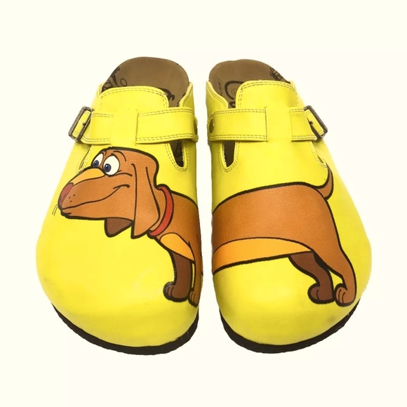 Calceo Yellow Colored And Brown Dachshund Dog Patterned Clogs - Picture 2 of 7